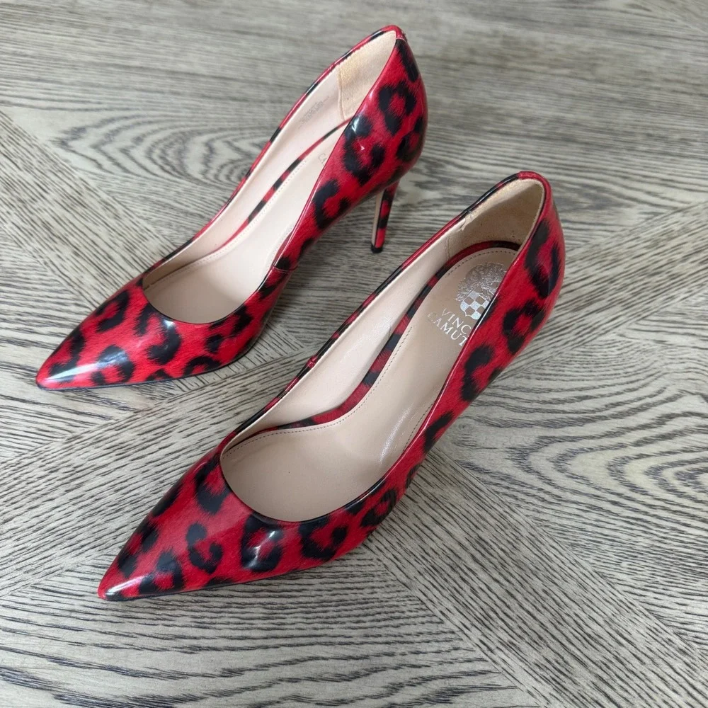 Vince Camuto Leopard Stiletto Patent Treesha Red Black Pointed Toe Size 8.5 M 39